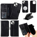 Genuine leather iPhone 15 Plus wallet case featuring a detachable MagSafe back cover and card slots
