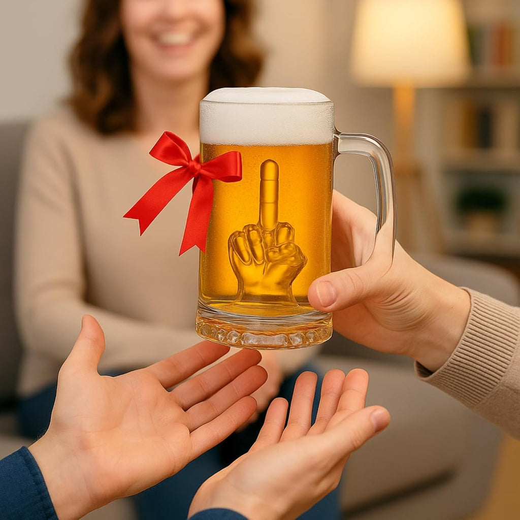 Clear 12oz novelty beer glass with a sturdy handle and a hidden middle finger design inside — view 2
