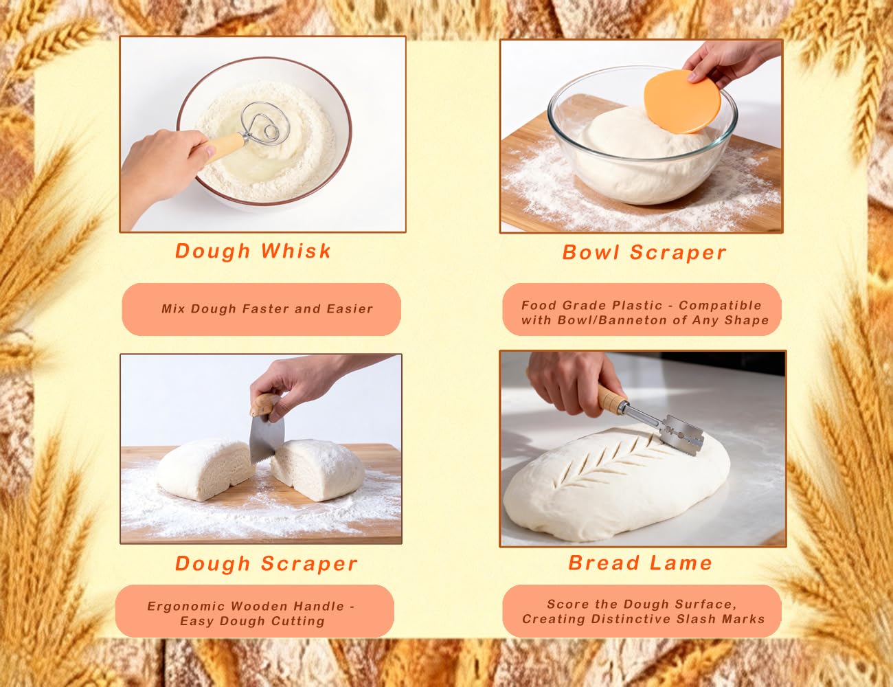 Complete sourdough baking kit with rattan proofing baskets starter jar whisk and tools and scoring and starter jar — view 5