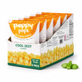 Six pack of Peppy Pops chickpea puffs in cool zest mint flavor snack bags
