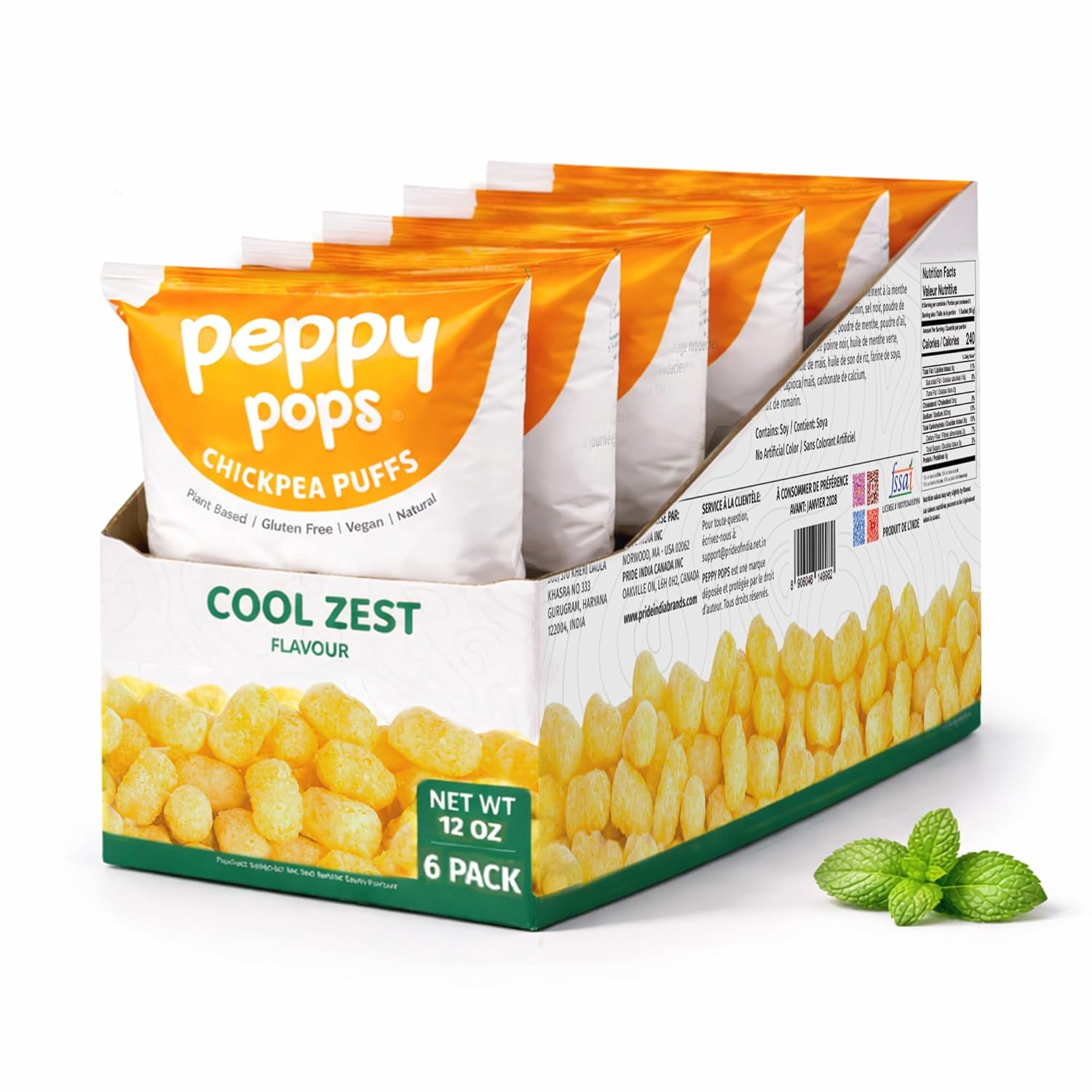 Six pack of Peppy Pops chickpea puffs in cool zest mint flavor snack bags