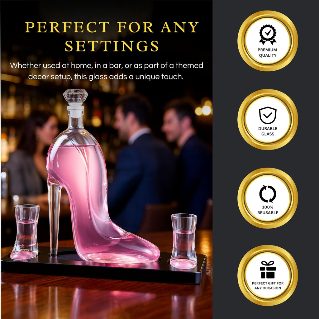 Clear borosilicate glass stiletto high heel whiskey decanter with two mini shoe shot glasses on base — view 4