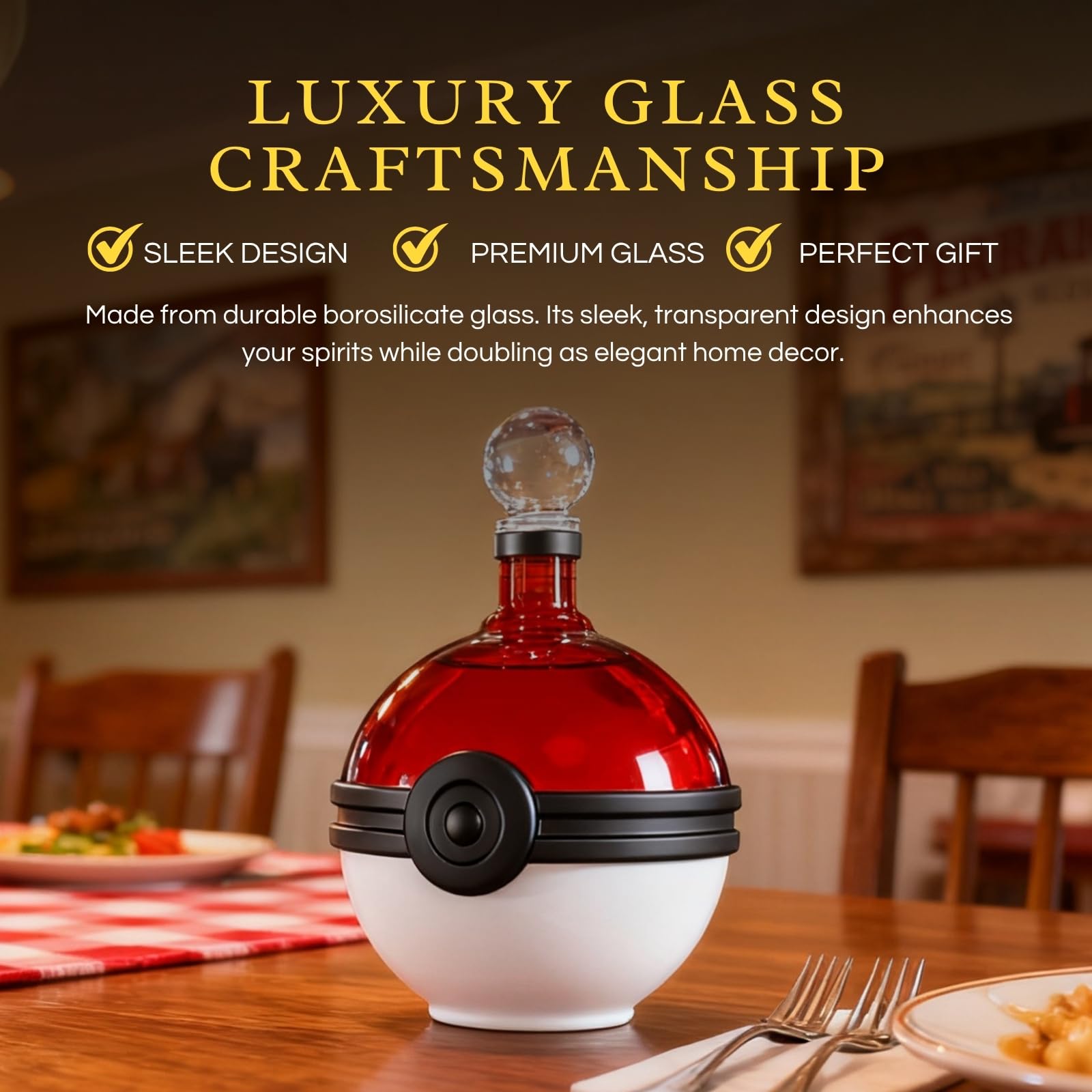 Monster trainer capture sphere whiskey decanter, red and white spherical borosilicate glass liquor bottle — view 3