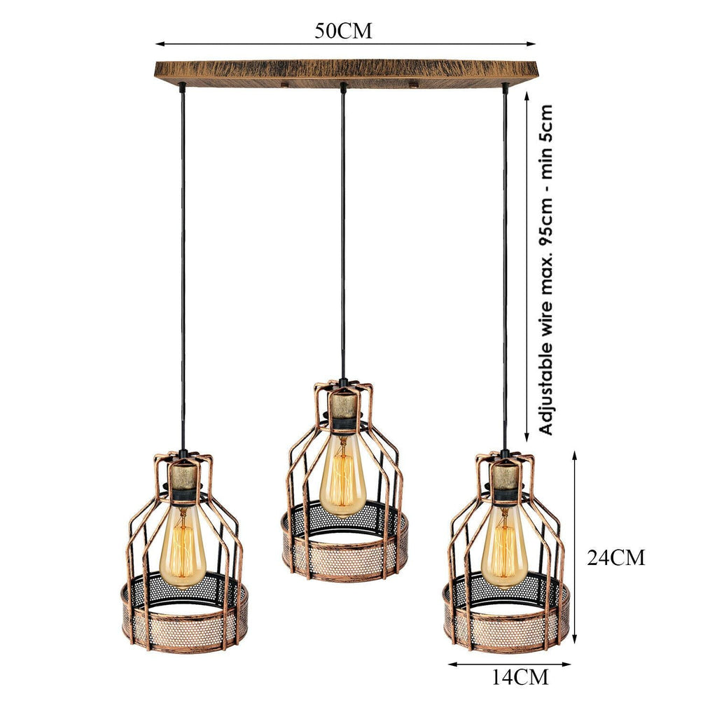 Vintage three head birdcage pendant light in brushed copper finish with hanging cables — view 4