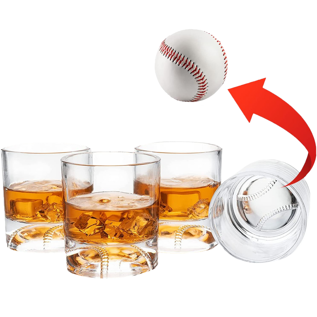 Clear 12oz baseball whiskey glass with a sculpted floating baseball design in the bottom base