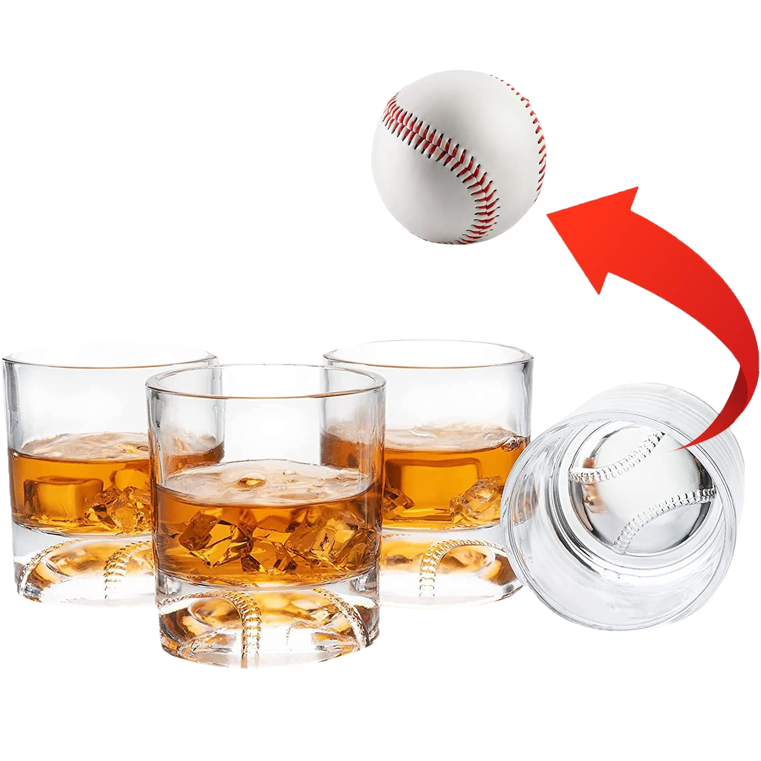 Clear 12oz baseball whiskey glass with a sculpted floating baseball design in the bottom base