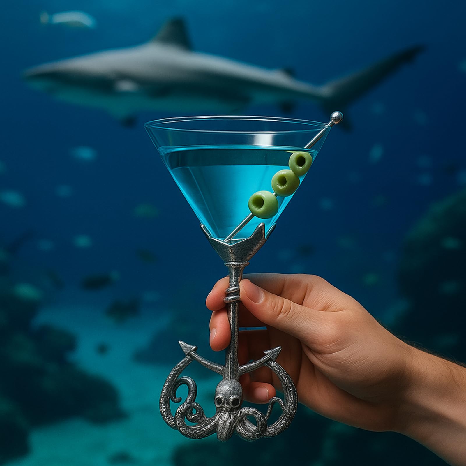 Kraken octopus martini glass with sculpted pewter anchor base and clear glass cocktail bowl. — view 4