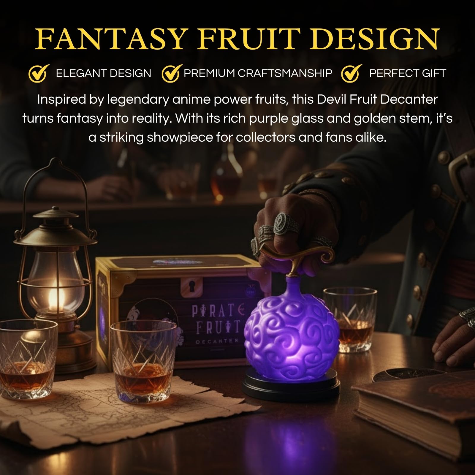 Purple devil fruit whiskey decanter with gold stem on a polished mahogany wood base — view 3