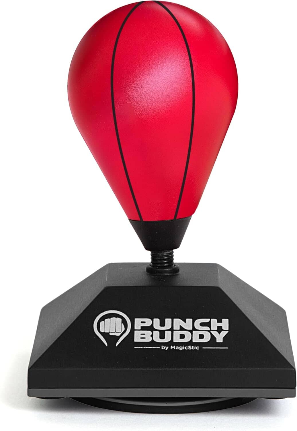 Mini desktop punching bag with suction cup base attached to an office desk for stress relief