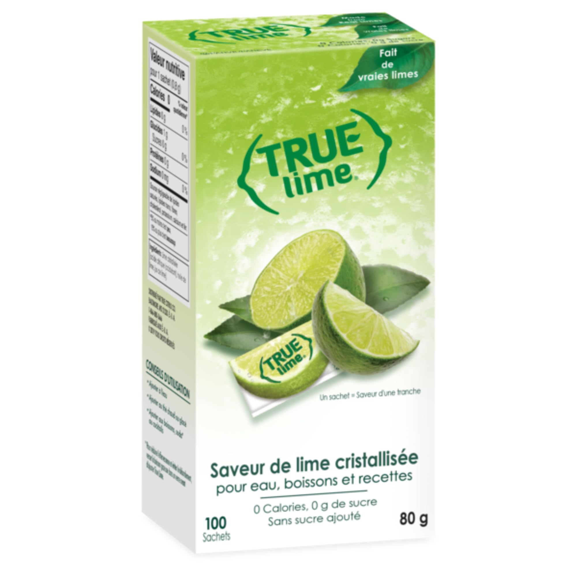 Box of 100 True Lime water enhancer single-serve packets with fresh green citrus branding.