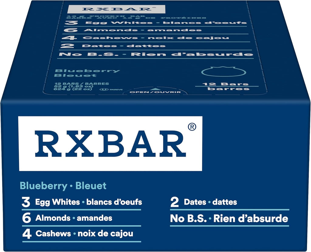 RXBAR blueberry protein bar in blue wrapper showing whole food ingredients like egg whites and dates — view 3