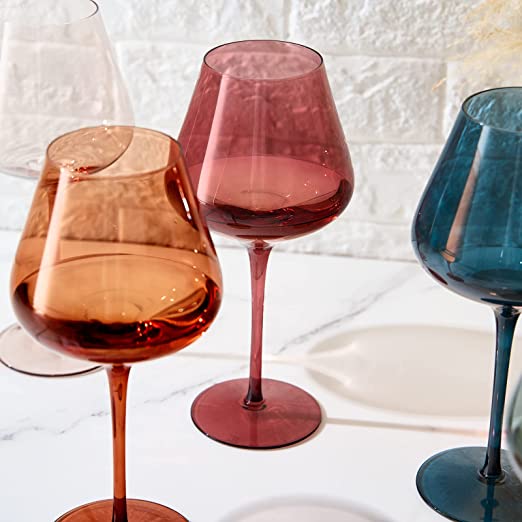 Six pastel colored crystal 20oz wine glasses featuring elegant stems in various muted tones — view 3