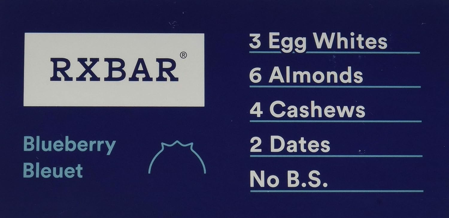 RXBAR blueberry protein bar in blue wrapper showing whole food ingredients like egg whites and dates — view 5