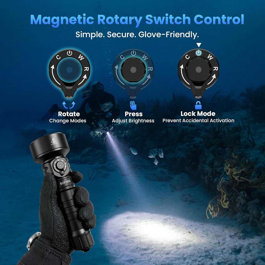 SOFIRN SD11 scuba diving flashlight showing bright LED beam and water resistant black metal casing — view 5