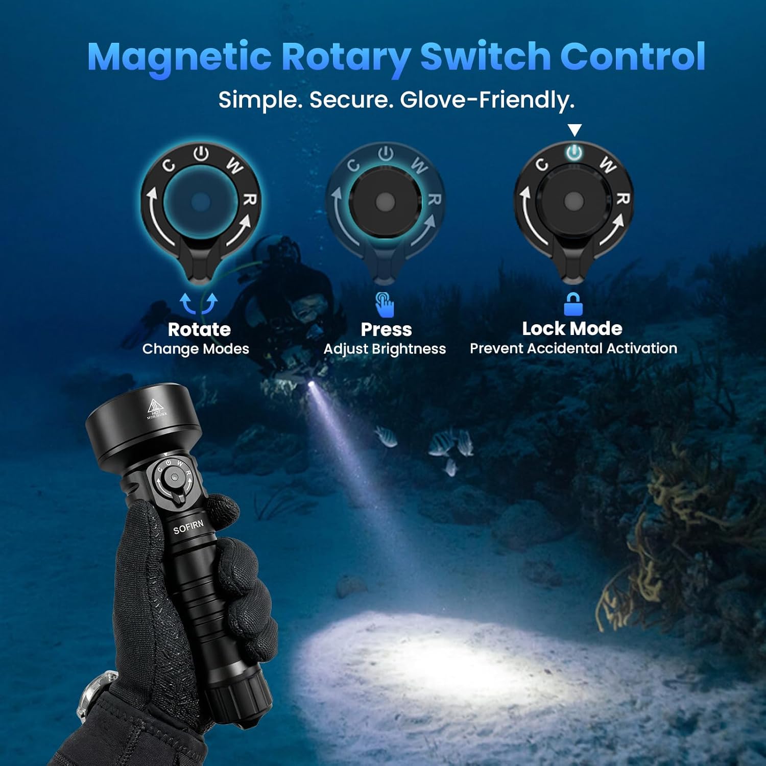 SOFIRN SD11 scuba diving flashlight showing bright LED beam and water resistant black metal casing — view 5