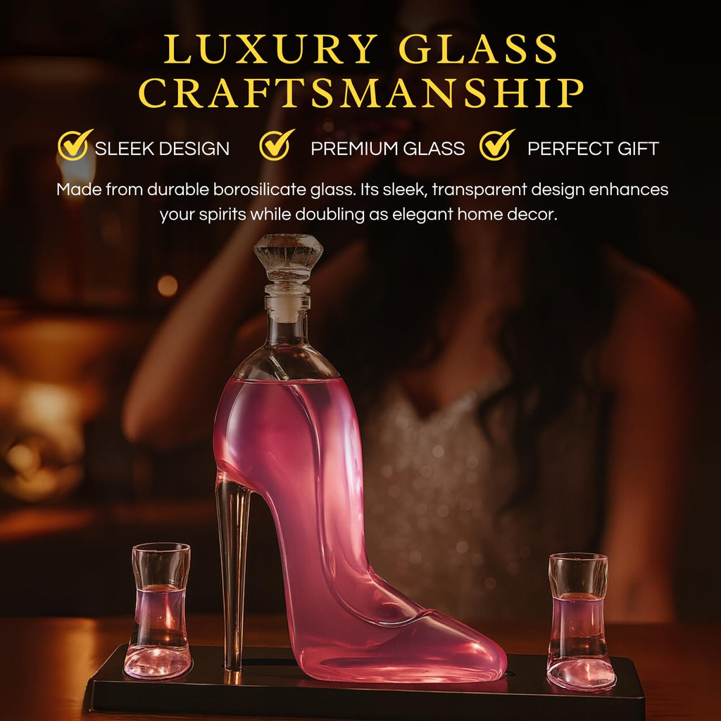 Clear borosilicate glass stiletto high heel whiskey decanter with two mini shoe shot glasses on base — view 3