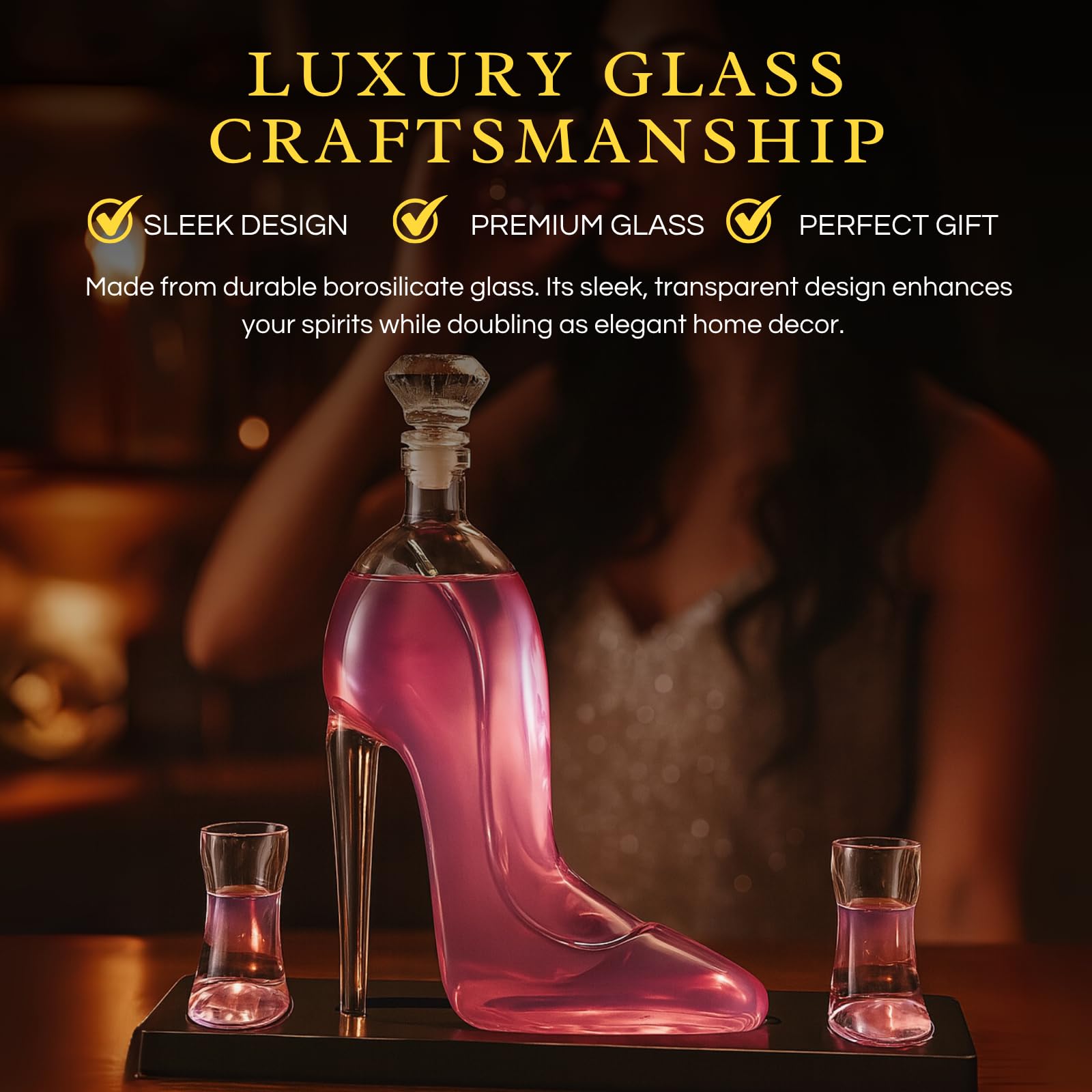 Clear borosilicate glass stiletto high heel whiskey decanter with two mini shoe shot glasses on base — view 3