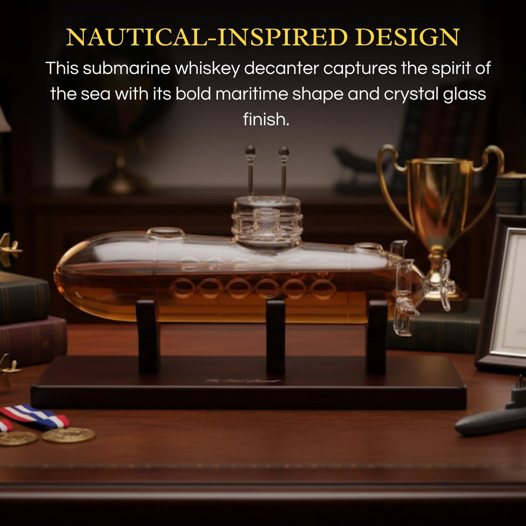 Submarine shaped whiskey decanter made of borosilicate crystal glass on a smooth wooden base. — view 3