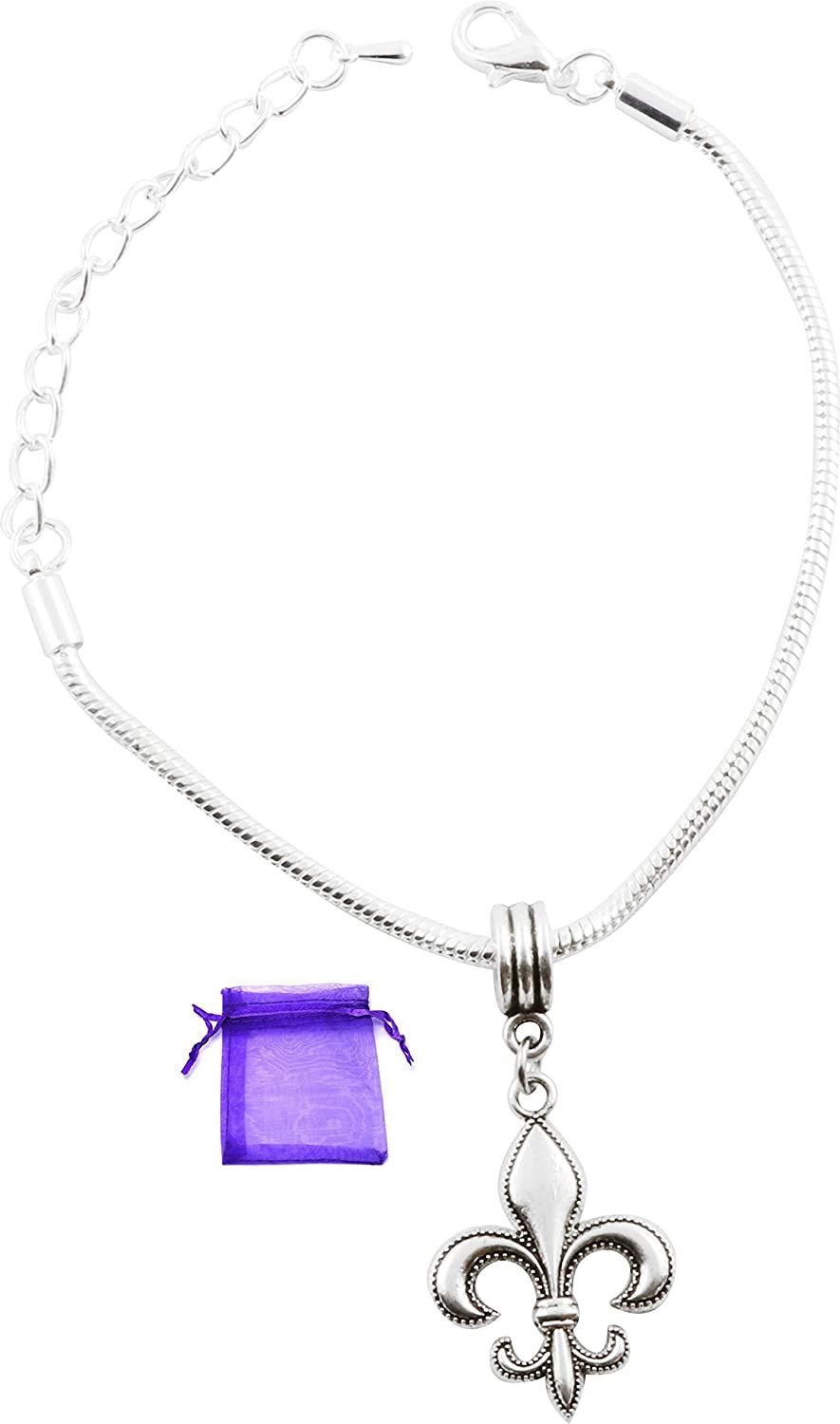 Silver plated Fleur de Lis charm bracelet on a sleek snake chain for men and women