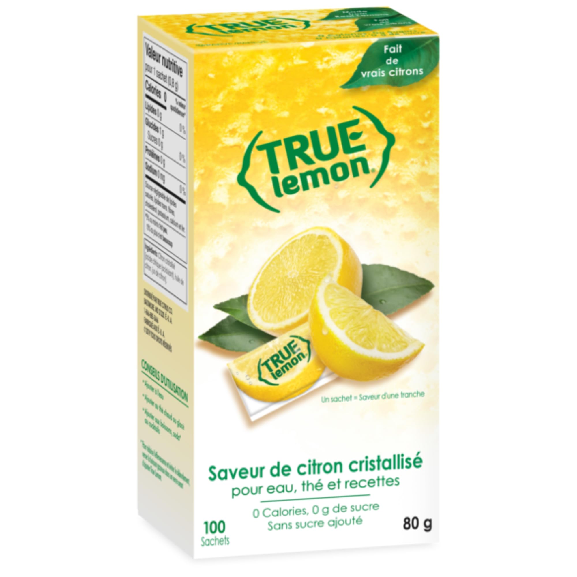 True Lemon water enhancer packets in a dispenser box, offering sugar-free fresh lemon flavor.