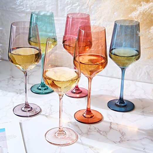 Pastel colored crystal wine glasses set of 6 in red blue tan grey green orange — view 3