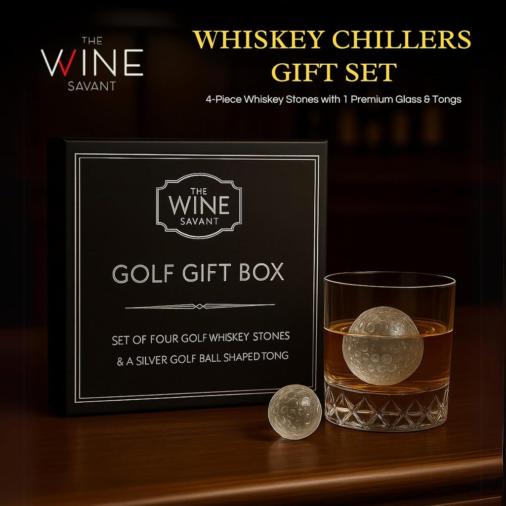 Four glass golf ball whiskey chillers with stainless steel tongs inside a premium cotton lined box — view 4