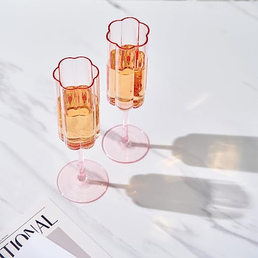 Pink flower champagne flutes set of two, elegant vintage tinted glassware for prosecco and wine — view 5
