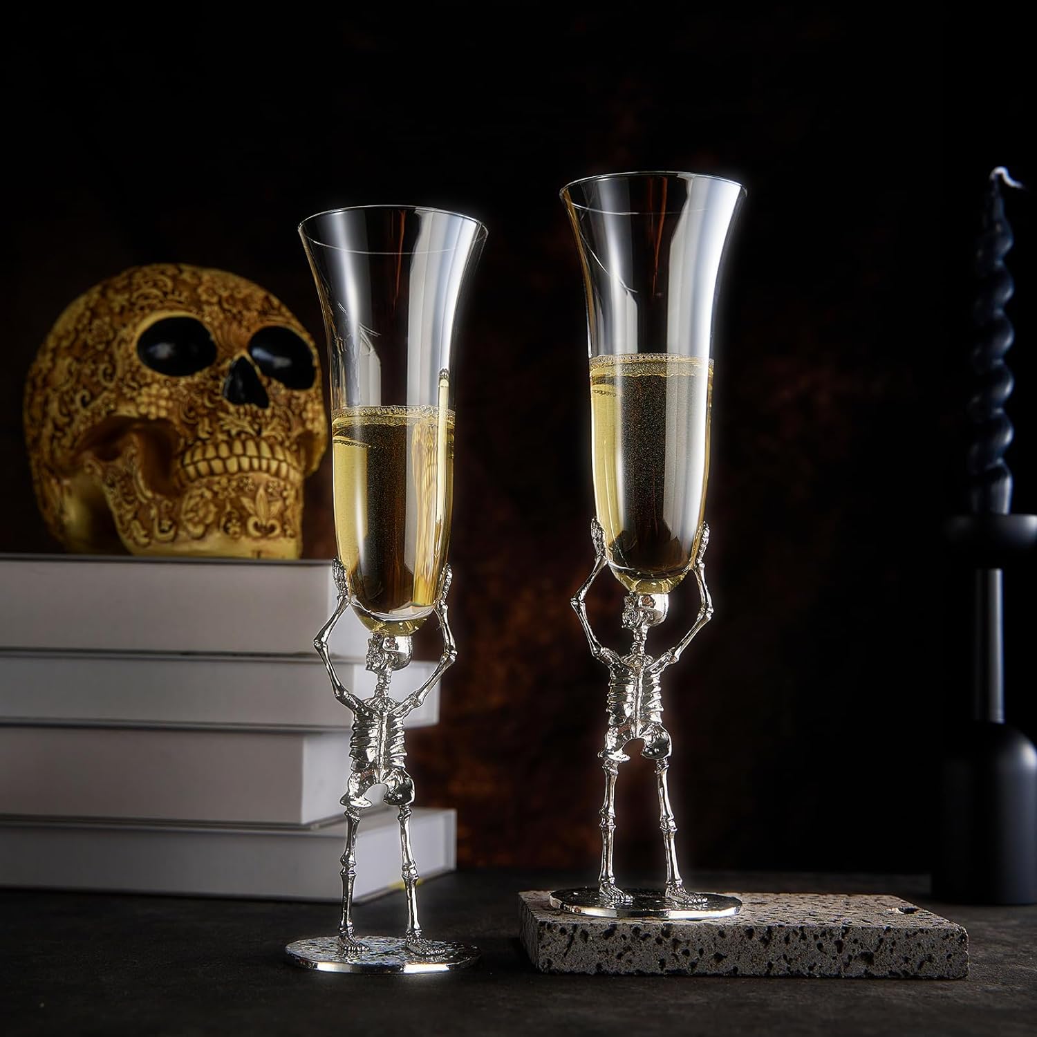 Stemmed skeleton champagne flute set of two in clear glass with intricate bone details — view 2