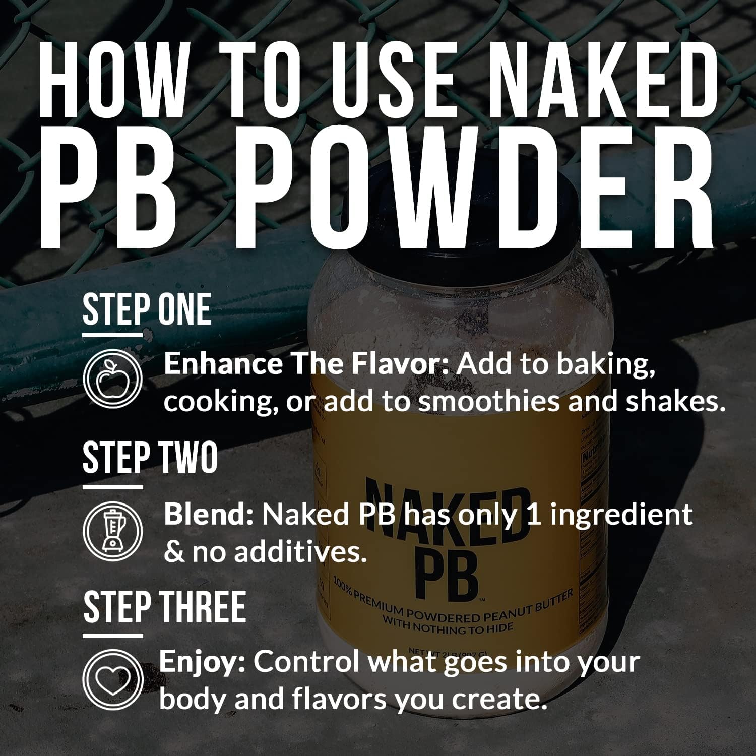 Naked PB powdered peanut butter in a two pound tub with pure roasted peanuts — view 2