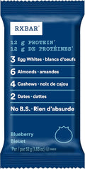 RXBAR blueberry protein bar in blue wrapper showing whole food ingredients like egg whites and dates