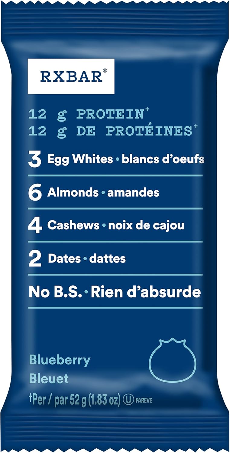 RXBAR blueberry protein bar in blue wrapper showing whole food ingredients like egg whites and dates