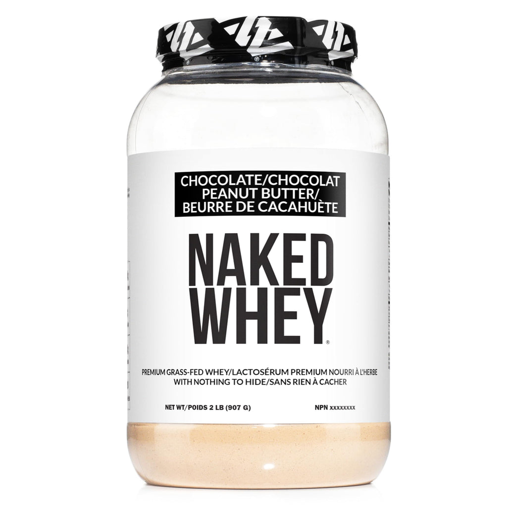 Chocolate peanut butter grass-fed whey protein powder in a 2 lb container