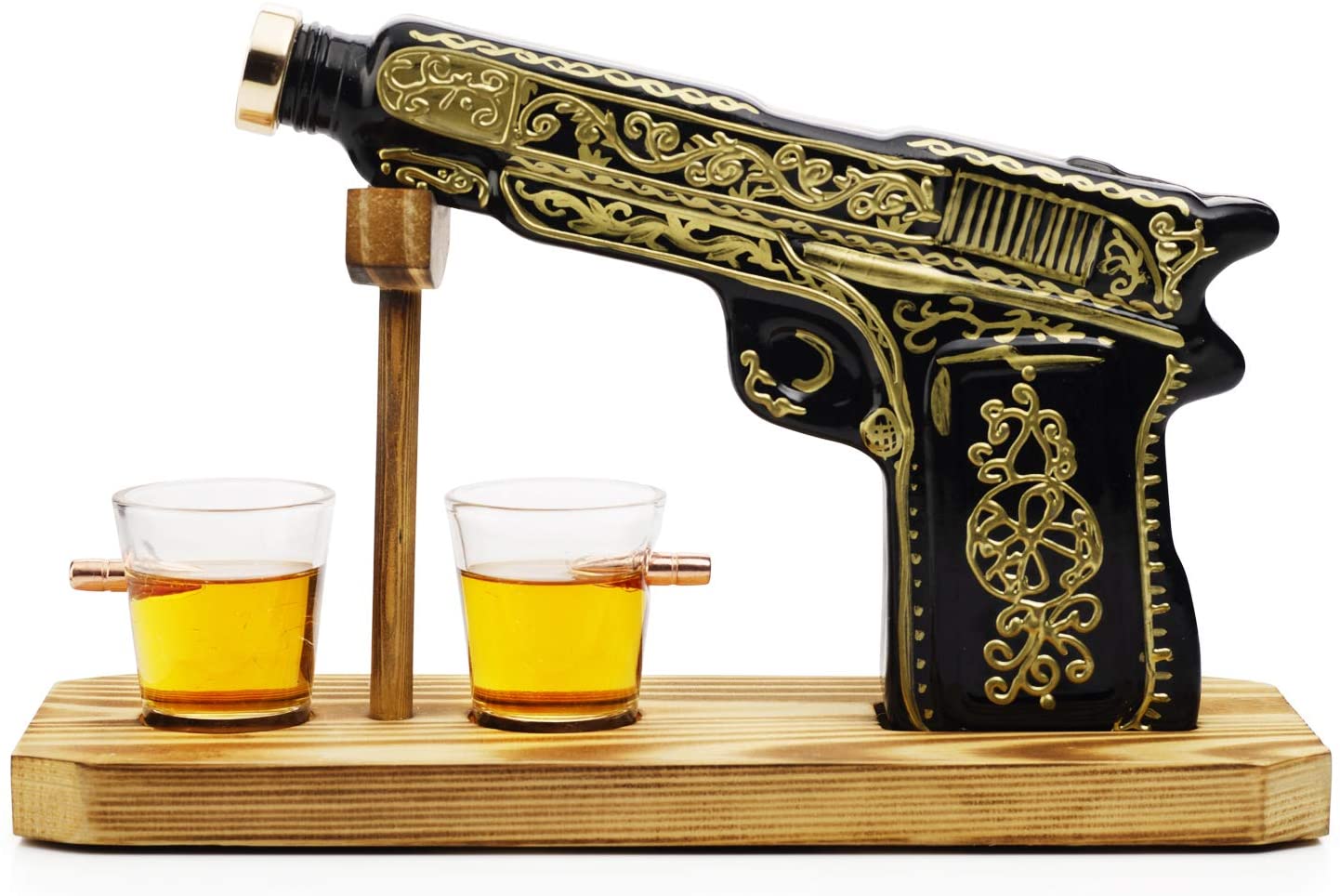Black and gold hand-painted pistol whiskey decanter with two shot glasses on wooden display stand — view 5