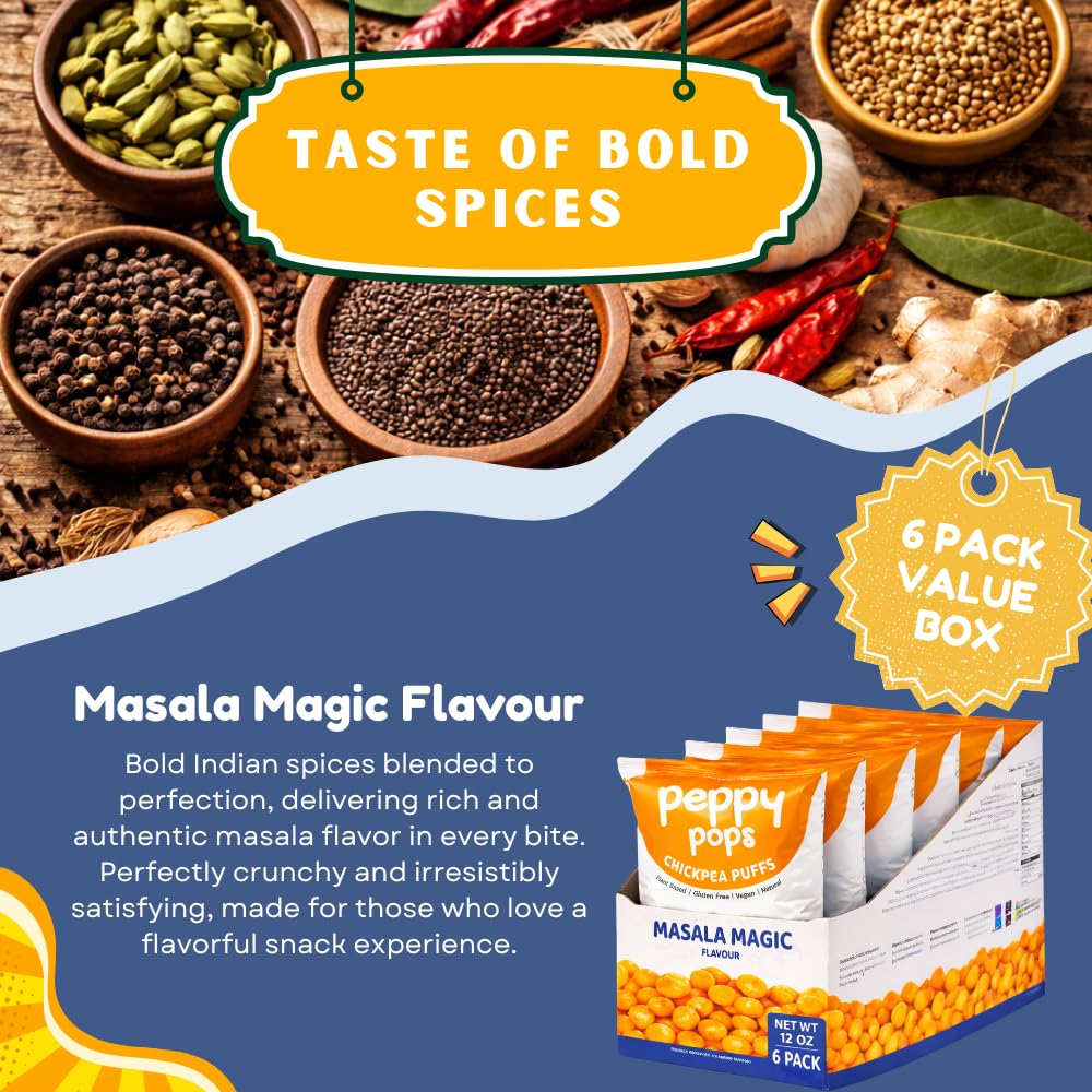 Peppy Pops Masala Magic chickpea puffs in six bright orange 2oz snack bags — view 4