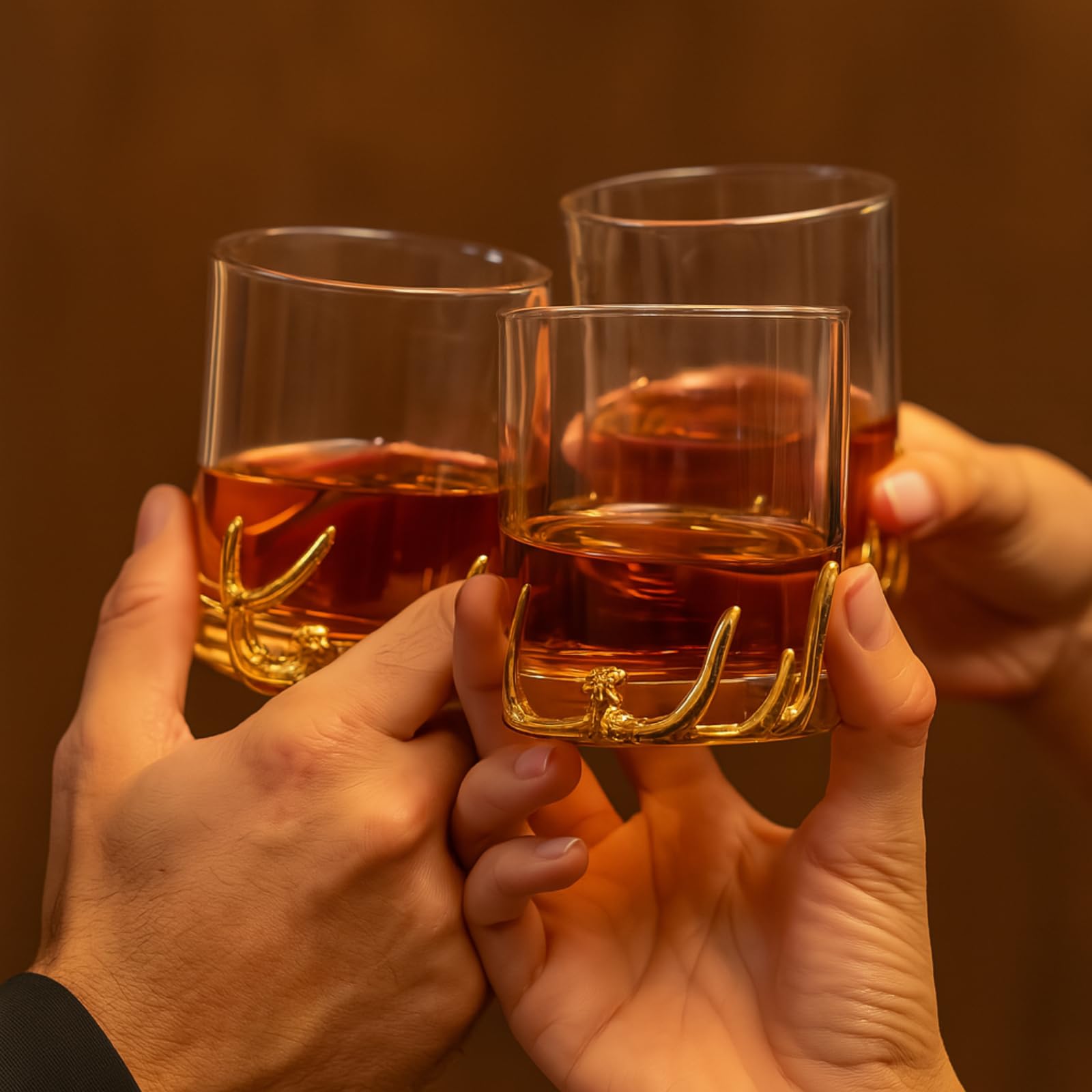 Clear double old fashioned whiskey glass resting on an intricate gold antler style base — view 3