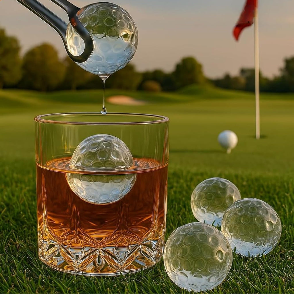 Four glass golf ball whiskey chillers with stainless steel tongs inside a premium cotton lined box — view 2