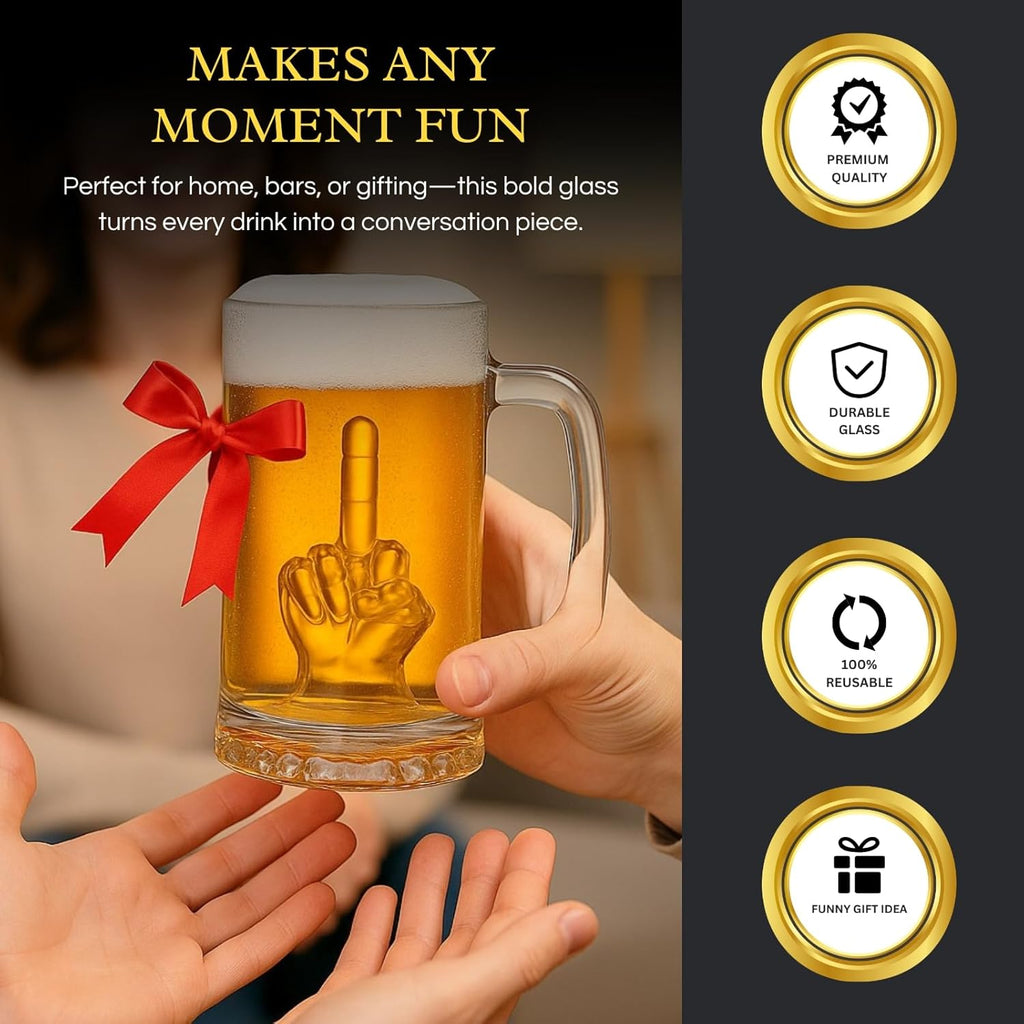 Clear 12oz novelty beer glass with a sturdy handle and a hidden middle finger design inside — view 5