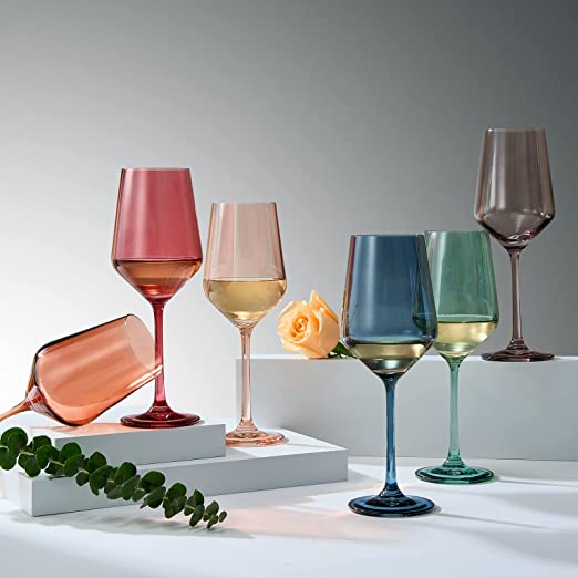 Pastel colored crystal wine glasses set of 6 in red blue tan grey green orange — view 2