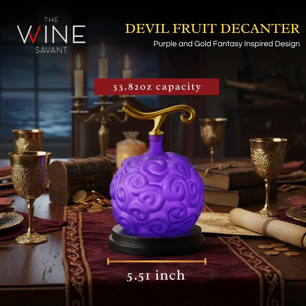 Purple devil fruit whiskey decanter with gold stem on a polished mahogany wood base — view 2