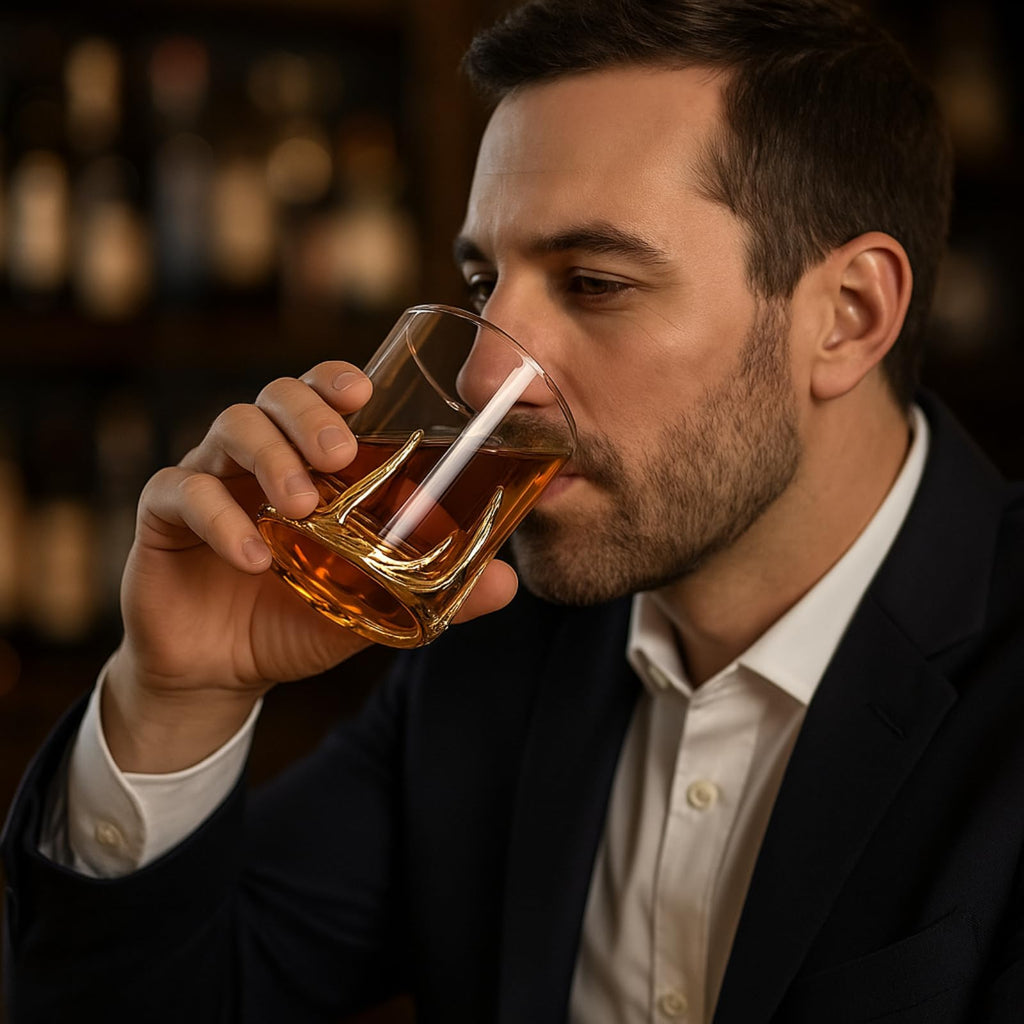 Clear double old fashioned whiskey glass resting on an intricate gold antler style base — view 4