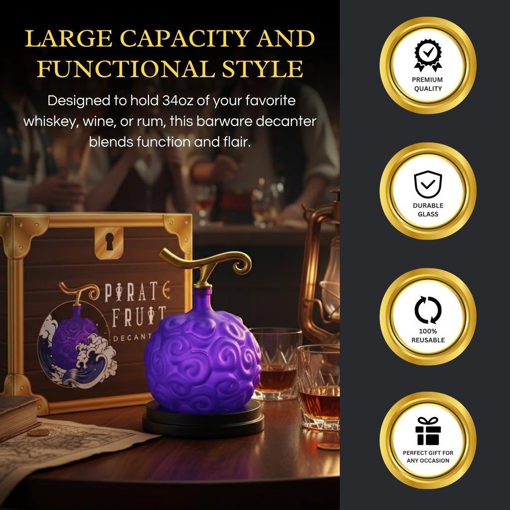Purple devil fruit whiskey decanter with gold stem on a polished mahogany wood base — view 4