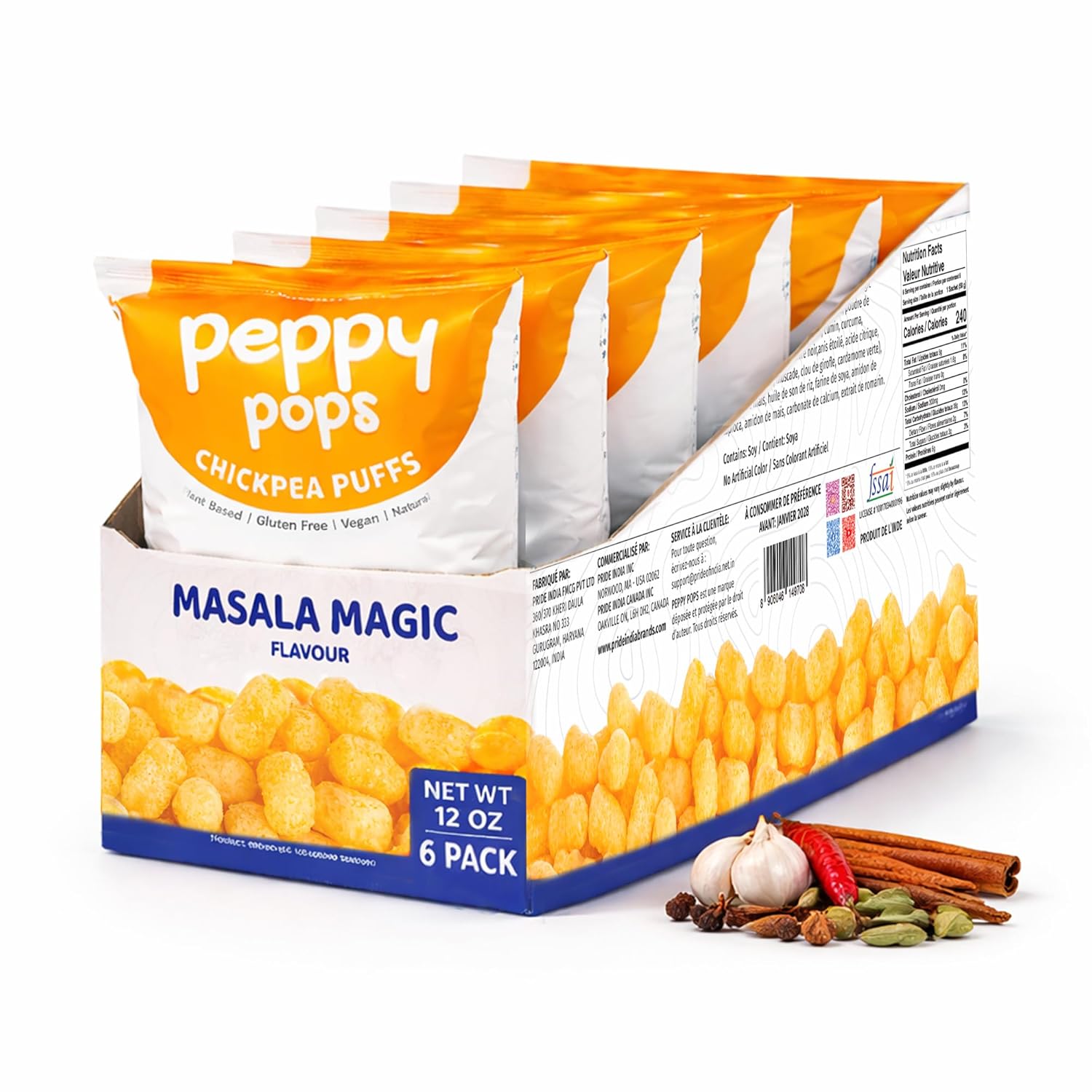 Peppy Pops Masala Magic chickpea puffs in six bright orange 2oz snack bags