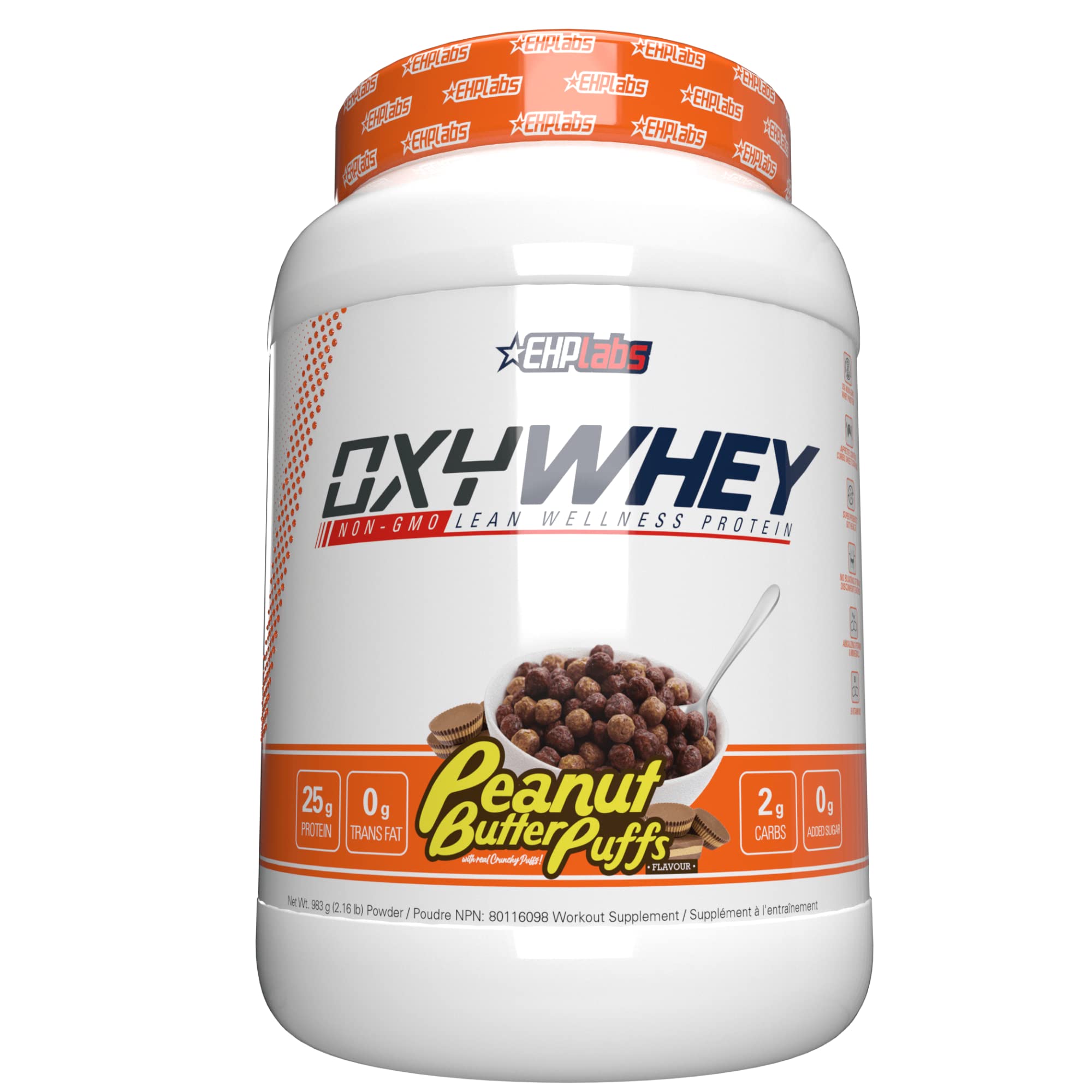 EHP Labs OxyWhey Peanut Butter Puffs protein powder tub, 27 servings of whey isolate.