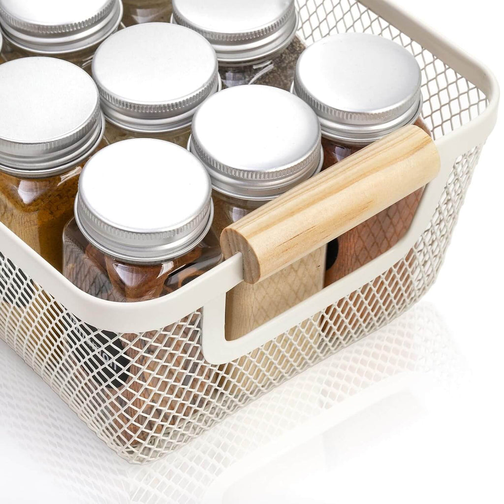 White steel mesh storage basket with foldable natural bamboo wooden handles for home organisation — view 2