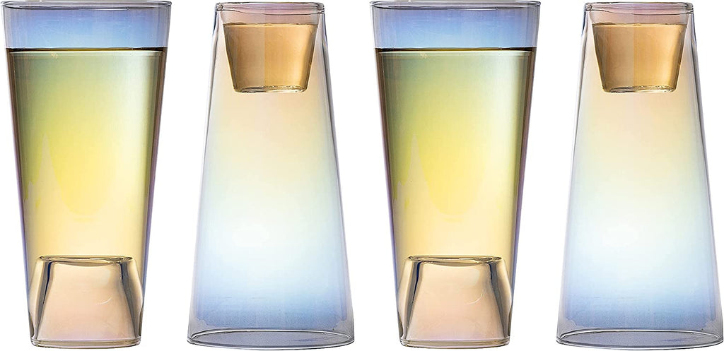 Four iridescent 2-in-1 beer pint and shot glasses crafted from high quality lead free crystal — view 5