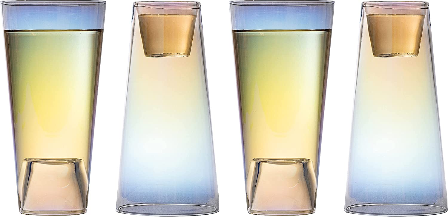 Four iridescent 2-in-1 beer pint and shot glasses crafted from high quality lead free crystal — view 5
