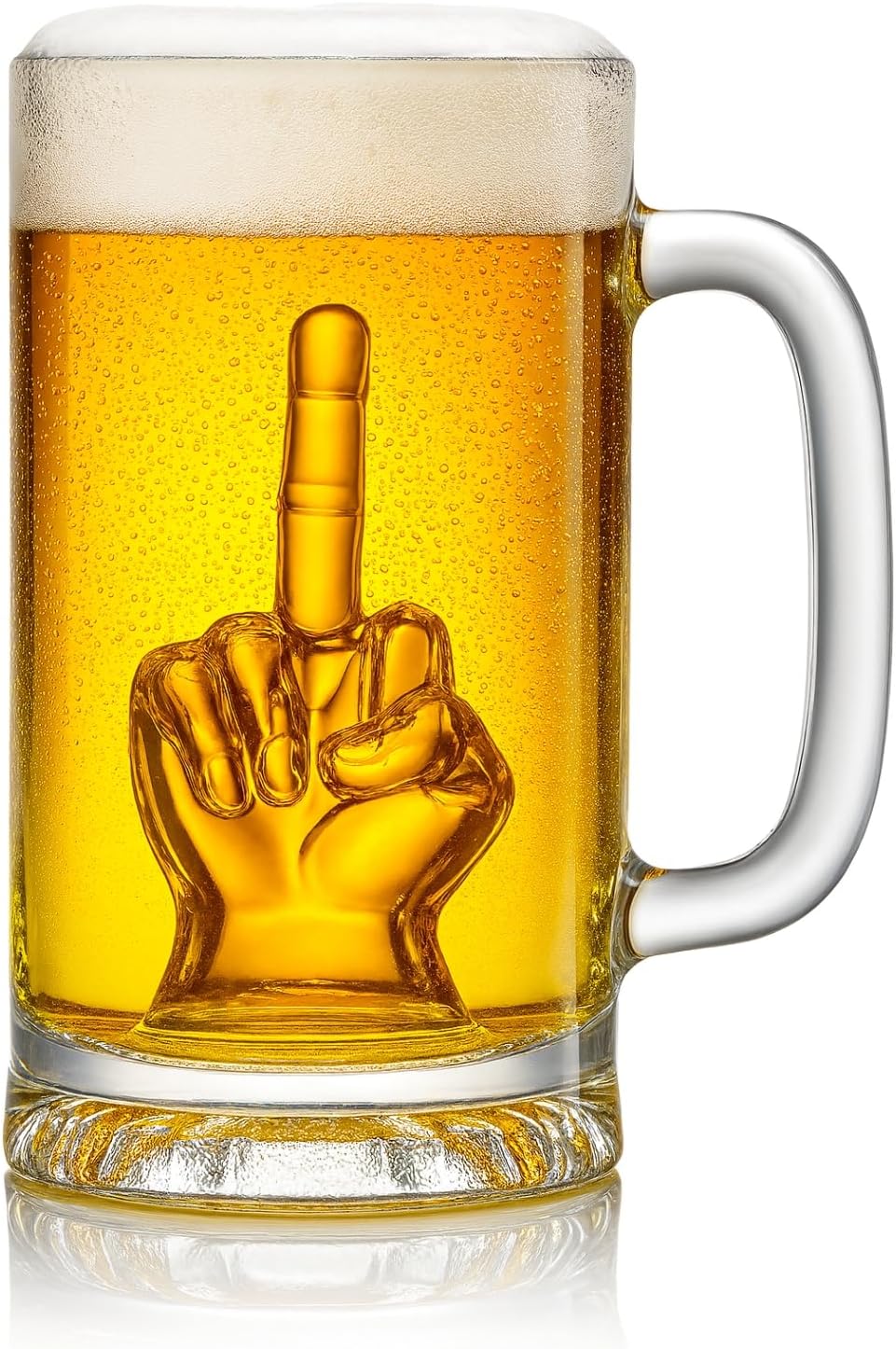 Clear 12oz novelty beer glass with a sturdy handle and a hidden middle finger design inside