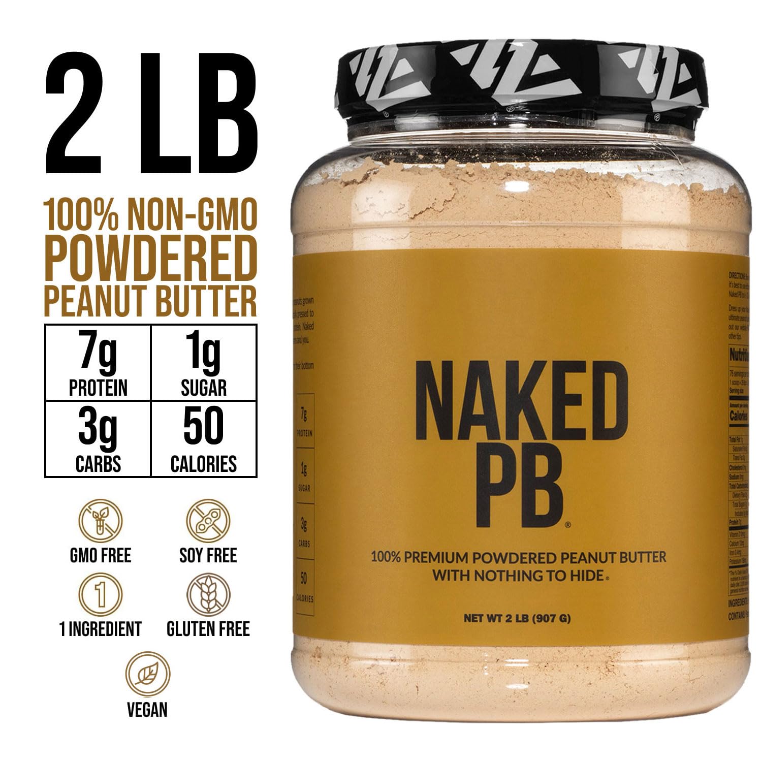 Naked PB powdered peanut butter in a two pound tub with pure roasted peanuts — view 3