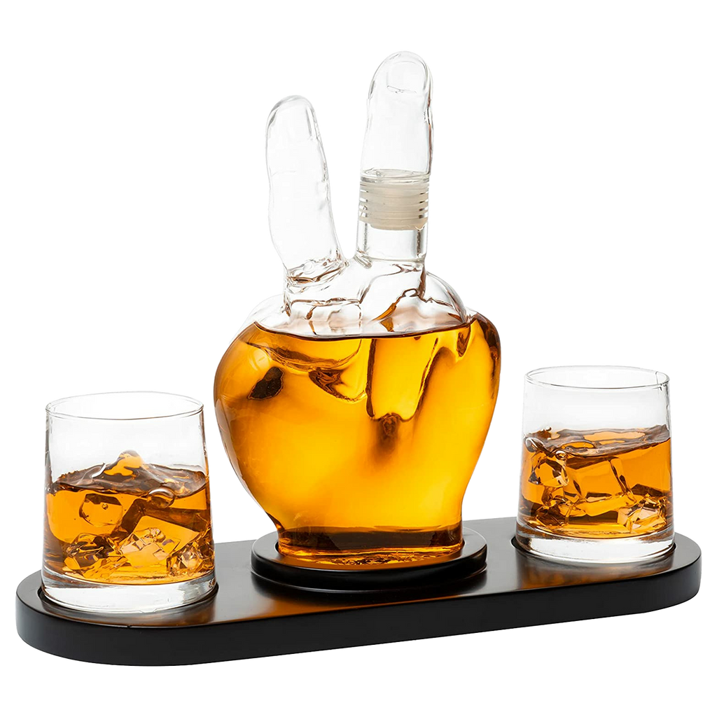 Peace sign wine and whiskey decanter crafted from clear glass for entertaining and home bars