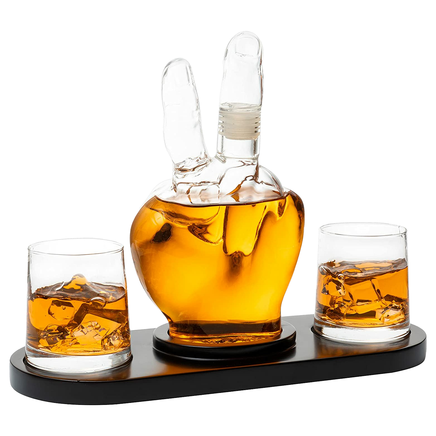 Peace sign wine and whiskey decanter crafted from clear glass for entertaining and home bars